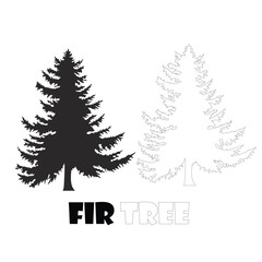 Fototapeta premium Christmas Tree Silhouette, Contours and. Christmas Spruce Fir Tree Black Silhouette, Contours and Inscriptions Isolated on White Background. Vector