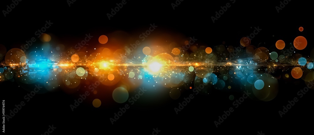 Wall mural blurry image of a line of bright lights with a dark background. the lights are in different colors a
