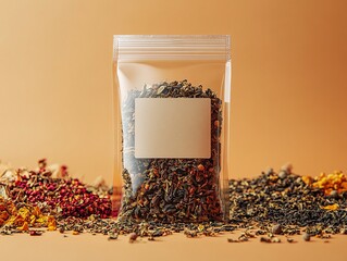 A clear plastic bag filled with herbs and spices is centered, surrounded by colorful dried ingredients against a warm background.