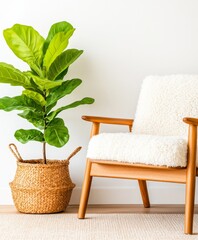 Wooden Chair and Basket with Plant in Bright Room