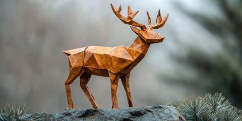 Stunning origami deer figure elegantly posed on a rocky surface surrounded by a misty forest backdrop