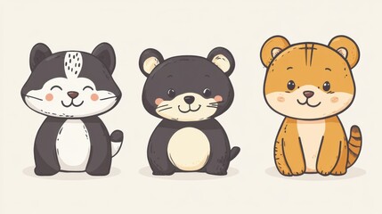 Naklejka premium Whimsical Wildlife: Simple Cartoon Animal Illustrations