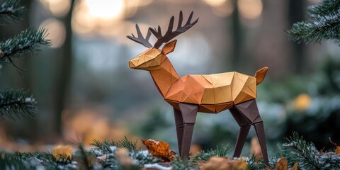 Intricate origami deer stands proudly amidst autumn foliage in a serene forest