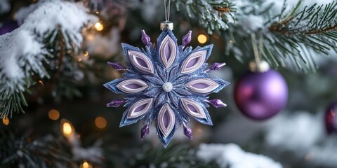 Sparkling snowflake ornament hangs gracefully on a tree adorned for the winter holiday season