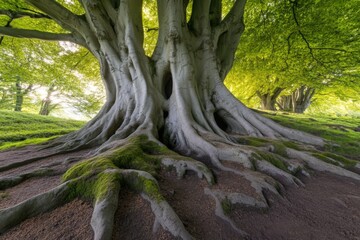 Majestic Ancient Trees with Expansive Roots in Lush Forest Setting