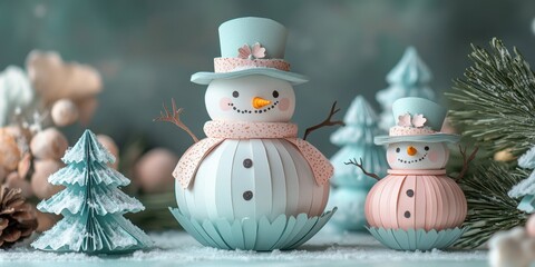 Charming handcrafted snowmen create a whimsical winter wonderland scene with pastel hues and festive decorations