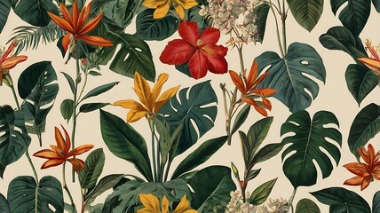 Lush Tropical Floral Pattern Featuring Exotic Blooms and Leaves