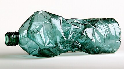 Crumpled Transparent Green Plastic Bottle on Table with Soft Light and Shadows
