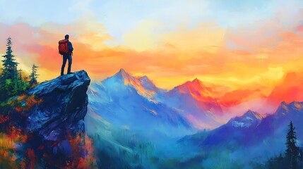 Fototapeta premium A lone hiker stands on a rocky ledge, overlooking a colorful mountain landscape at sunset.