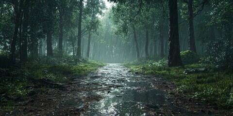 Obraz premium Moody Rainy Forest Path Lush Green Trees Stream 8K Nature