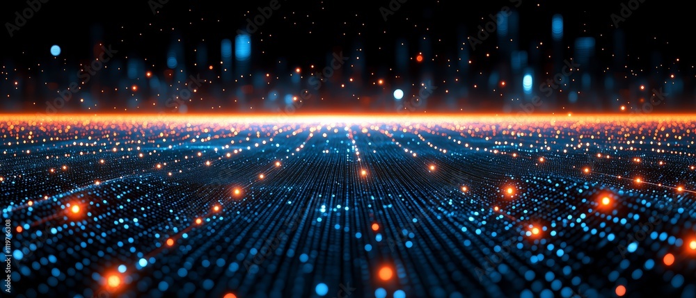 Aufkleber Cityscape with a bright orange line in the middle. The orange line is surrounded by a blue background. The blue background is filled with small dots that create a sense of depth and movement