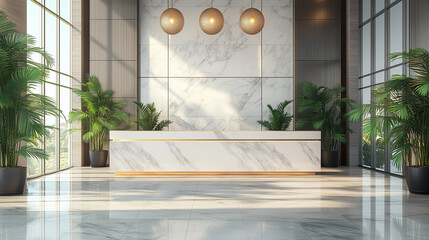 Minimalist interior design of a luxurious aesthetic in the lobby or entrance area of an elegant premium apartment building
