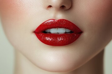 Fototapeta premium Vibrant Red Lips Close-Up on Soft Smooth Skin