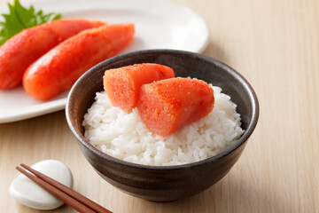 ご飯に乗った辛子明太子　Spicy cod roe on rice