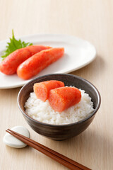 ご飯に乗った辛子明太子　Spicy cod roe on rice