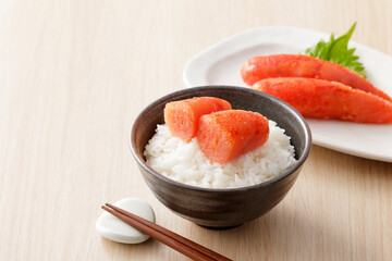 ご飯に乗った辛子明太子　Spicy cod roe on rice