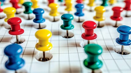 Colorful Push Pins on White Board Surface Arranged in Pattern for Organization and Creativity in Office or School Settings