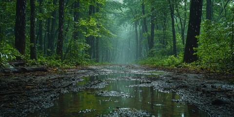 Obraz premium Rainy Forest Path Lush Green Trees Puddle Reflections Serene Nature Scene