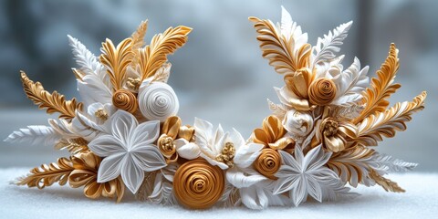 Exquisite floral headpiece showcasing intricate craftsmanship in gold and white tones for a stunning fashion statement