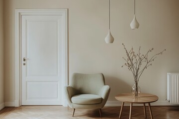 interior design minimalist living room white door pale green armchair