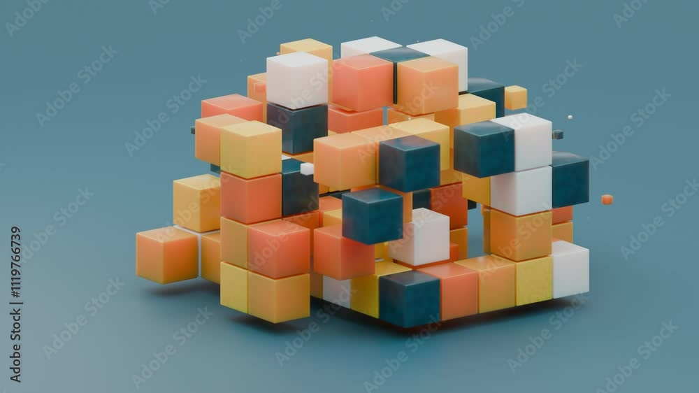 Poster loop 3d animation of a variety of cubes of different colors. cubes appear and disappear over the blu