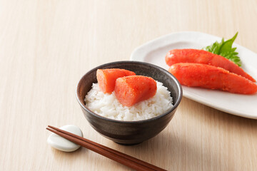 ご飯に乗った辛子明太子　Spicy cod roe on rice