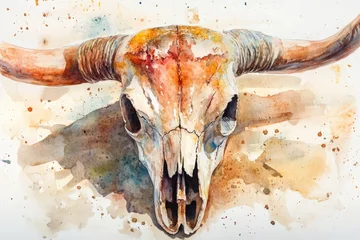 A beautiful watercolor illustration of a longhorn skull