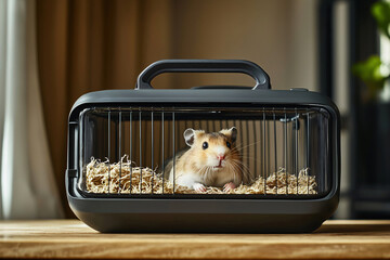 Small hamster is resting in its travel cage, placed on a wooden table, enjoying the comfort of its temporary home