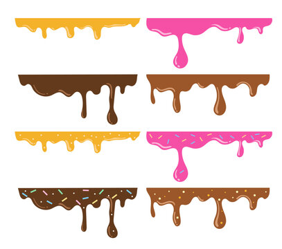 Set of dripping delicious pink, yellow and brown sauce as chocolate, honey, strawberry, doughnut vector seamless glaze. Sweet dessert background illustration with colorful toppings, nut, sprinkle