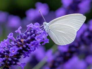 Naklejka premium Delicate White Butterfly Rests on Vibrant Purple Lavender Blossom