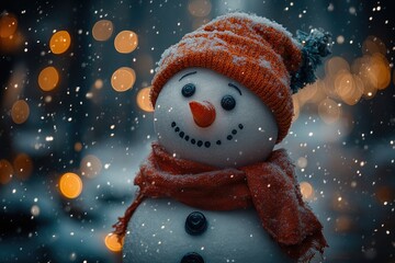 A close-up shot of a snowman dressed in winter attire, perfect for cold weather scenes or festive occasions