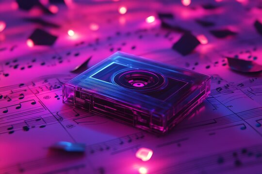 Abstract Music Concept Featuring a Transparent Cassette Tape with Colorful Lights on Sheet Music Background, Creating a Vibrant and Nostalgic Atmosphere