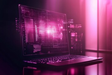 Futuristic Laptop Displaying Digital Data and Graphical Interface with Vibrant Pink Light Effects in a Modern Technology Environment