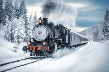 Naklejka premium Vintage Steam Locomotive Traveling Through Snow-Covered Forest in Winter Wonderland