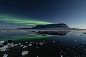 Aurora Borealis illuminates a mountain reflected in icy water