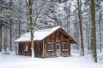 A rustic wooden cabin in a snow-covered forest