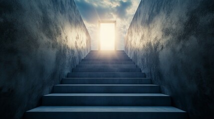 3D render of a mysterious door with steps leading into a dark corridor, creating a dramatic atmosphere of mystery, suspense, and unknown possibilities in a high-resolution 4K scene