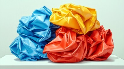 Vibrant Crumpled Plastic Fabric Sculptures in Primary Colors on Display Against a Minimalist Background