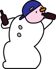 Christmas funny character snowman vector illustration. Hipster snowman in scarf and hat flat style. Isolated on blue background.