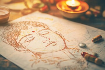 A simple illustration of a woman's face drawn on a piece of paper