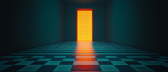 Obraz premium Dark room with a door that is glowing orange. The room is empty and the door is the only thing that is visible
