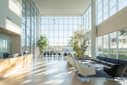 Natural light illuminating a modern office workspace design open layout corporate environment indoor perspective enhancing productivity and creativity through strategic lighting