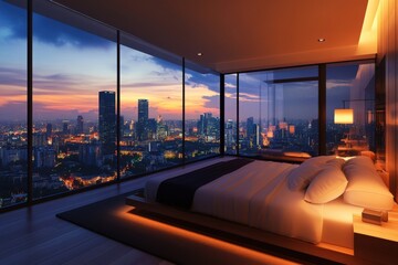 Luxurious modern bedroom floor to ceiling windows city skyline view