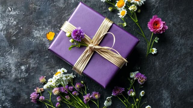 Beautifully wrapped purple gift box surrounded by fresh flowers on dark background