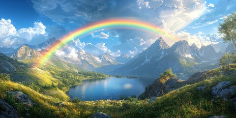 Majestic Double Rainbow over Alpine Lake and Mountains