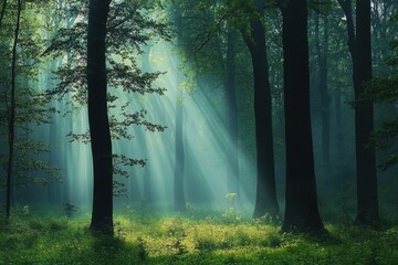 Fototapeta premium Ethereal forest scene with dappled sunlight and striking lighting effects nature forest environment tranquil viewpoint mystical concept of natural beauty