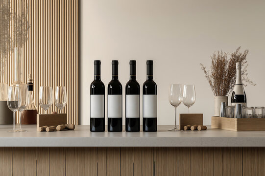Four wine bottles with minimalist labels are displayed on a bar counter, accompanied by wine glasses and corks, creating a sophisticated and elegant atmosphere