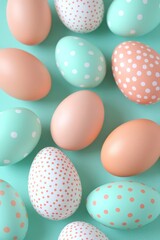 Turquoise and Coral Painted Easter Eggs Pattern on a Turquoise Background, Flat Lay With Copy Space