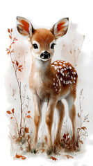 Watercolor masterpiece featuring a baby deer, pastel colors, soft, dreamy atmosphere, Bohemian style, isolated on white
