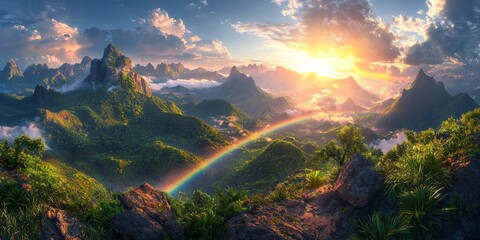 Majestic Rainbow over Lush Green Mountains at Sunrise